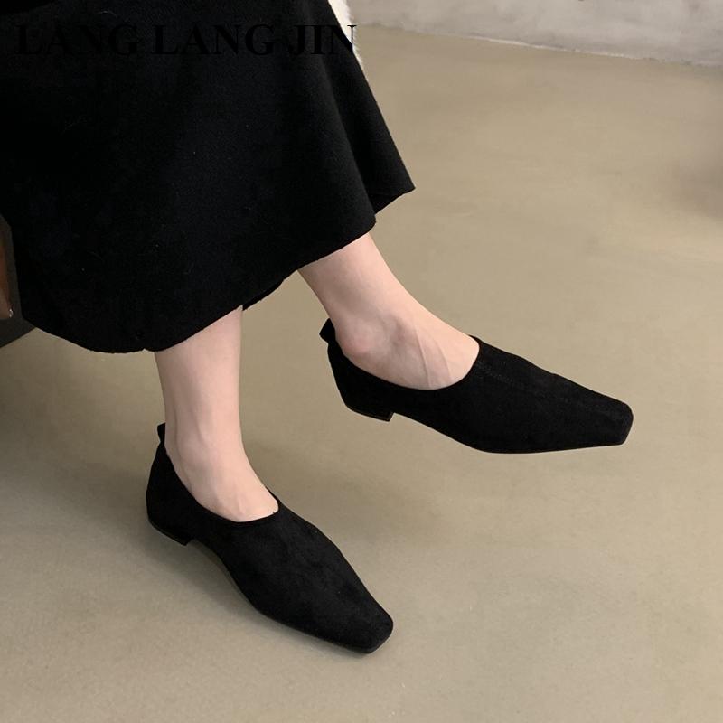 New Spring Autumn Shoes Women Loafers Suede Ballerina Square Toe Flats Ballet Shallow Soft Moccasins British Style Sneaker Mujer