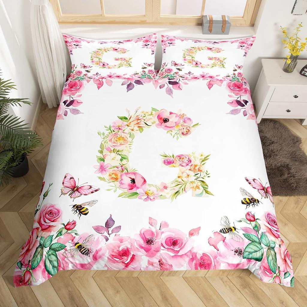 Initial Letter A Duvet Cover for Boys Girls Floral Monogrammed Bedding Set Romantic Rose Alphabet Quilt Cover with 2 Pillow Case