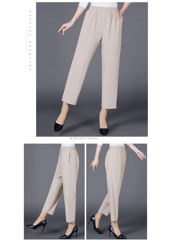 Summer Ice Silk High-Waist Elastic Pants for Middle-Aged and Older Women - Casual, Loose-Fit, Straight, Nine-Point Length