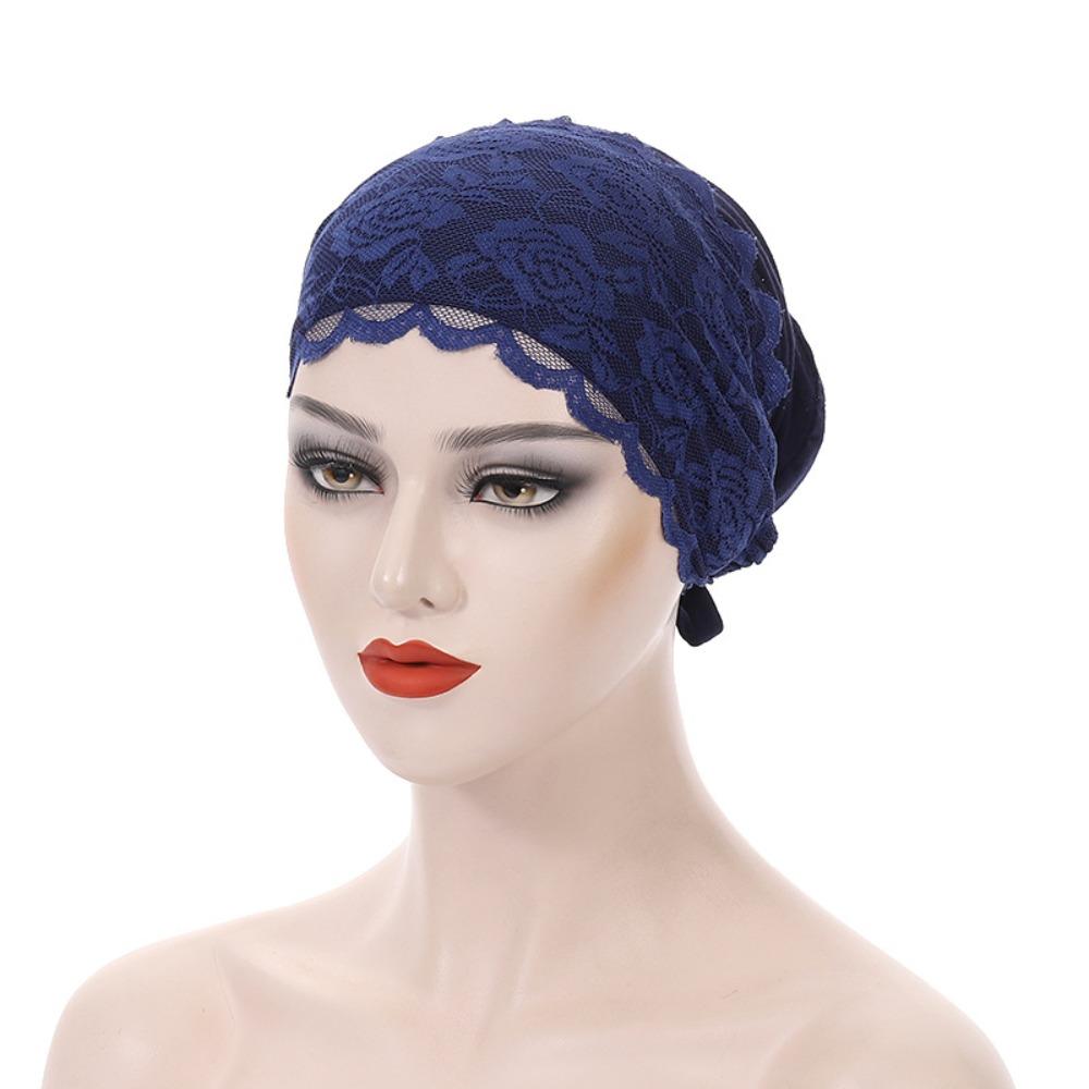 

Fashion Elegant Turban Hat Solid Color Breathable Hijab Cap Tie Straps Elastic Beanie Bonnet Female Head Covering темно-синього кольору