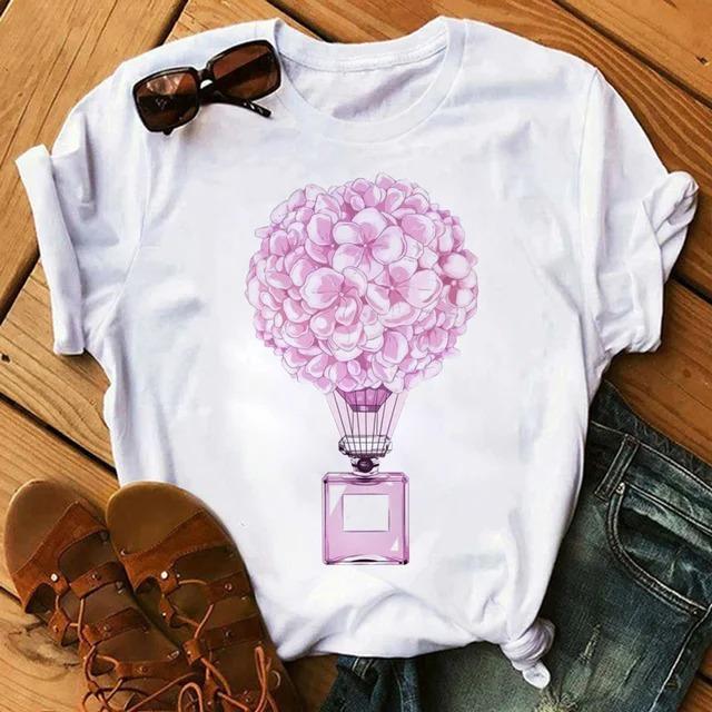 Cartoon Colored Hot Air Balloon Tshirt Womens Summer Round Neck Comfortable Top for Girls Anime Streetwear