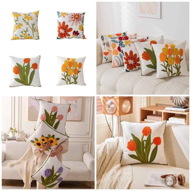 Pillowcase Floral Embroidery Cushion Case Features Vibrant Flower Patterns For Living Room Or Bedroom Decoration