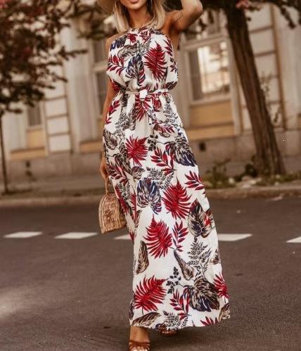 Bohemian summer new fashion neck round neck print sleeveless dress vacation beach dress S