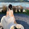 Temperament Lace White Dress Women's Summer Seaside Vacation Waist Suspender Skirt Backless Beach Skirt Fishing Dating Skirt