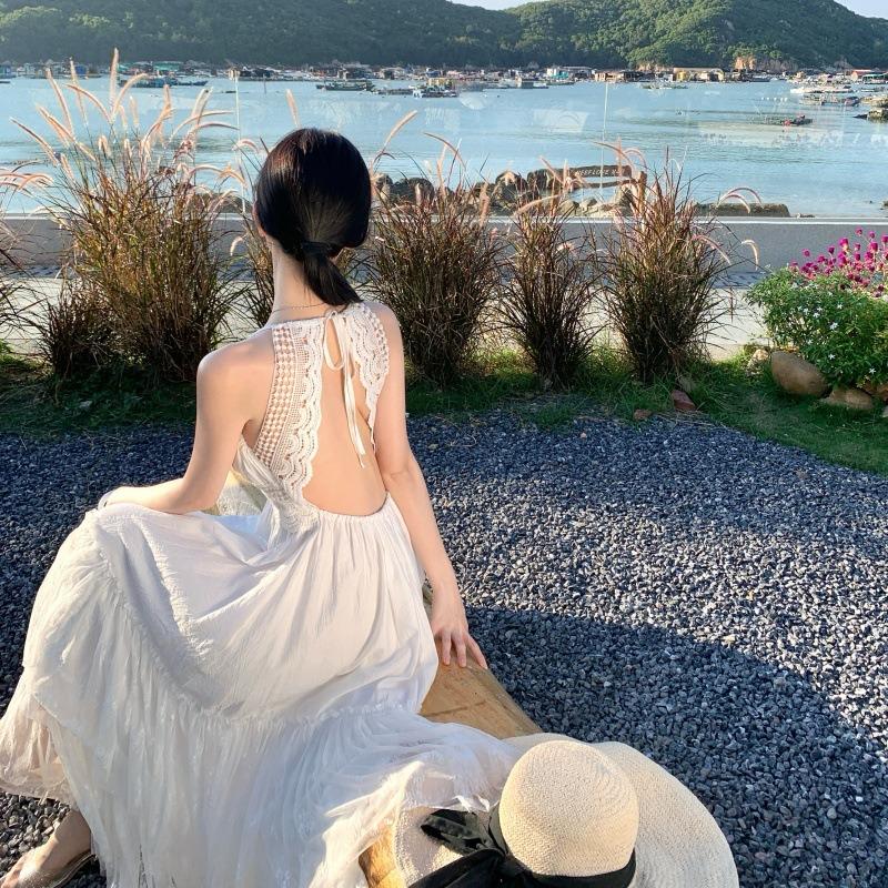 Temperament Lace White Dress Women's Summer Seaside Vacation Waist Suspender Skirt Backless Beach Skirt Fishing Dating Skirt