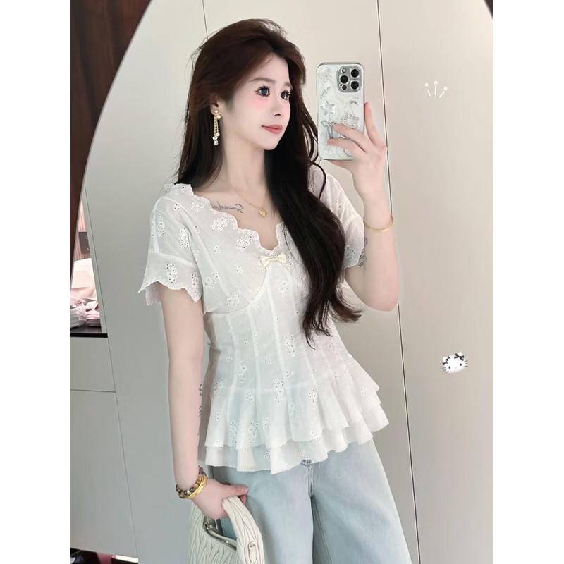 Pure White Jasmine French Palace Style Plus Size Ruffle V-neck Top M