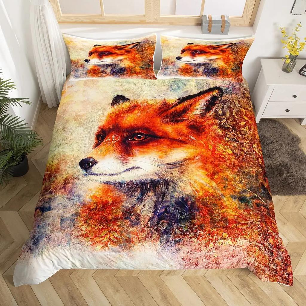 Cartoon Fox King Queen Duvet Cover Lovely Orange Animal Floral Bedding Set Kids Girls Flowers Plant 2/3pcs Polyester Quilt Cover