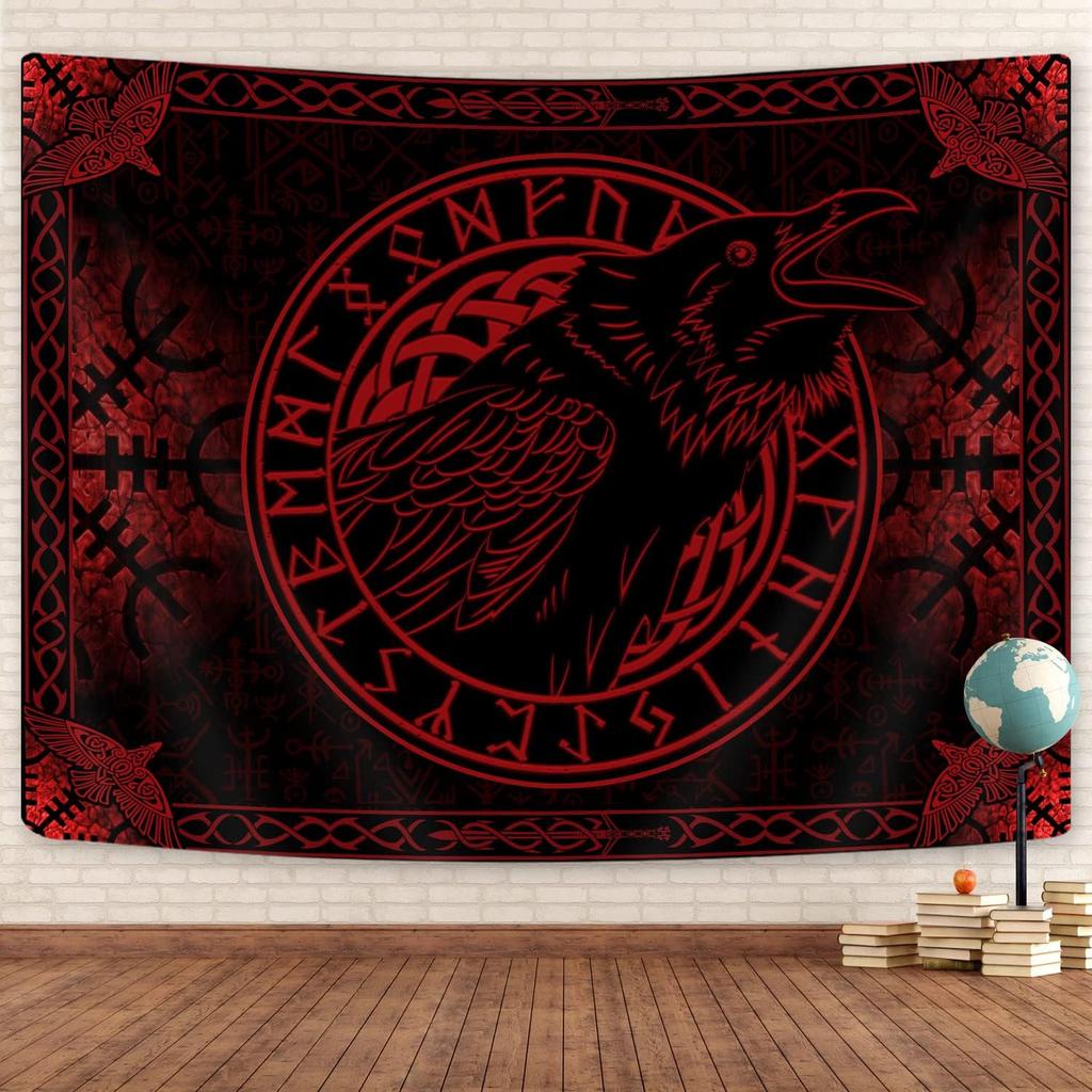 Viking Raven Crow Meditation Runes Wall Art, Red Tapestry for Bedroom, Living Room, Dorm - 60x40Inch