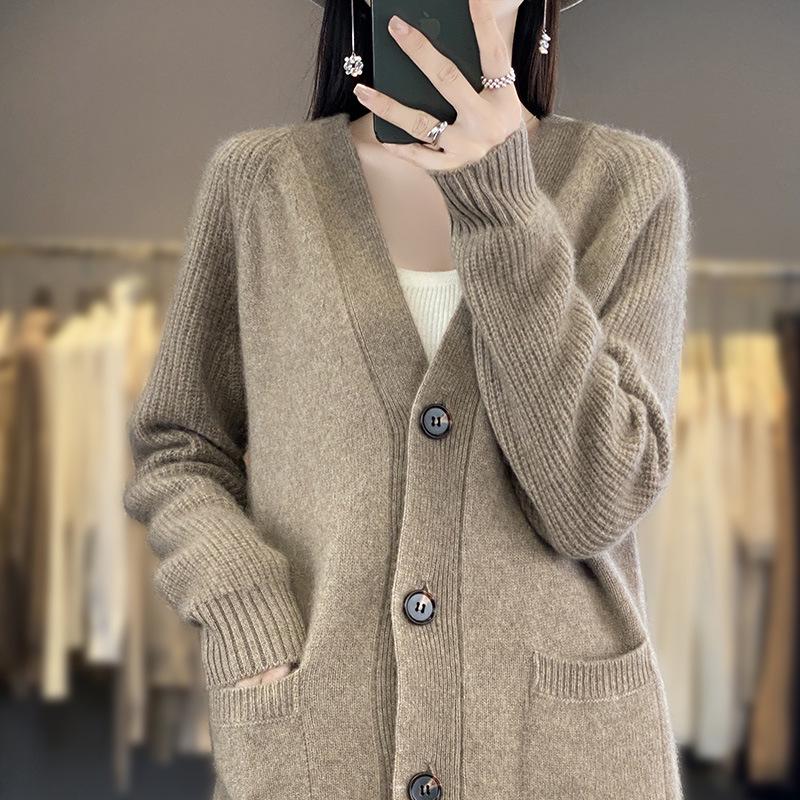 Women's V-Neck Mid-Length Imitation Cashmere Cardigan with Pockets