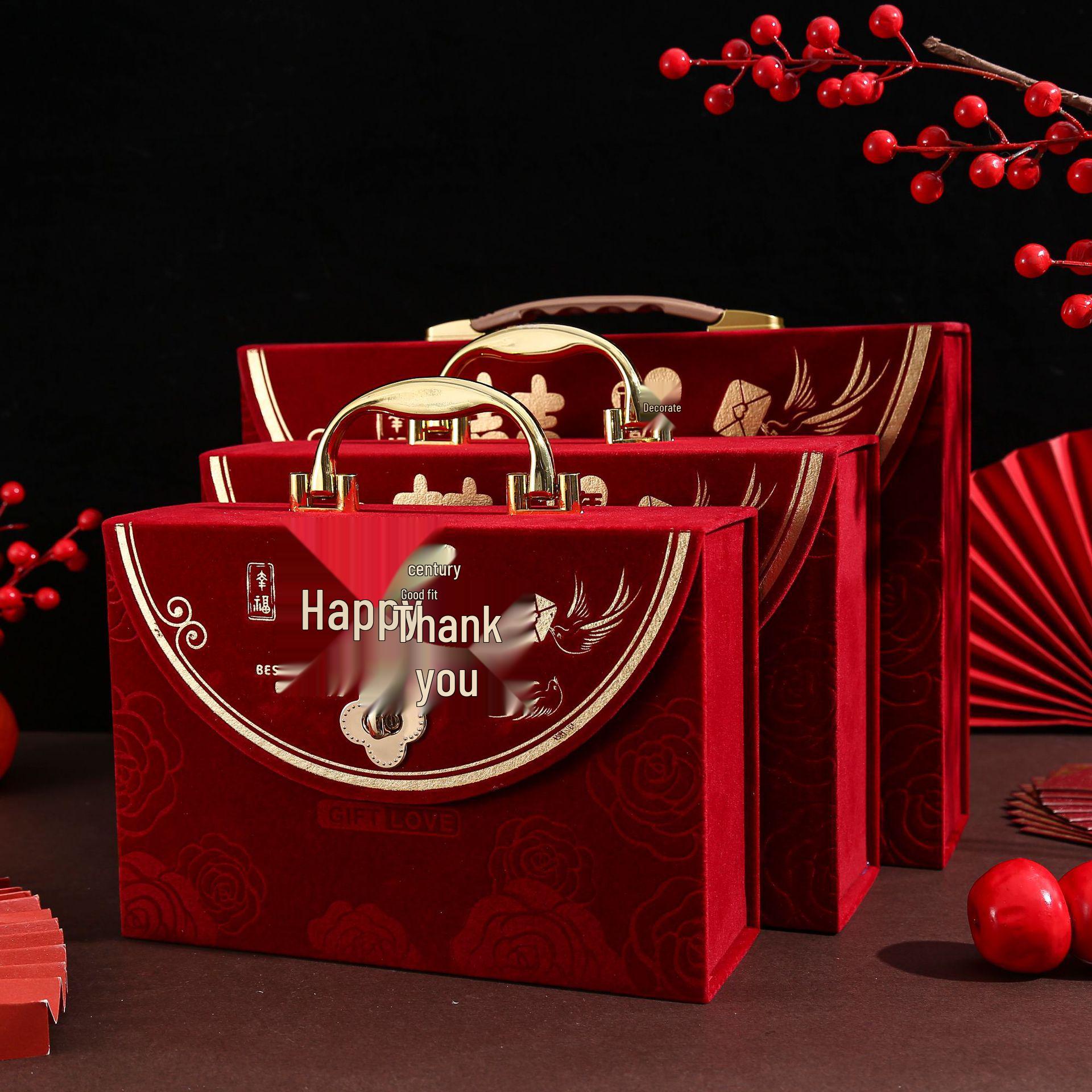 High-End Chinese Red Betrothal Gift Box for Engagement & Wedding, Hot Stamped Red Envelope Box, Handheld Dowry Supplies