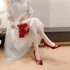 Fashion Beaded Rhinestone Women High Heels Shoes Red Suede Wedding Bridal Pumps Shoes Bow Temperament Thin Heeled Autumn Single Shoe
