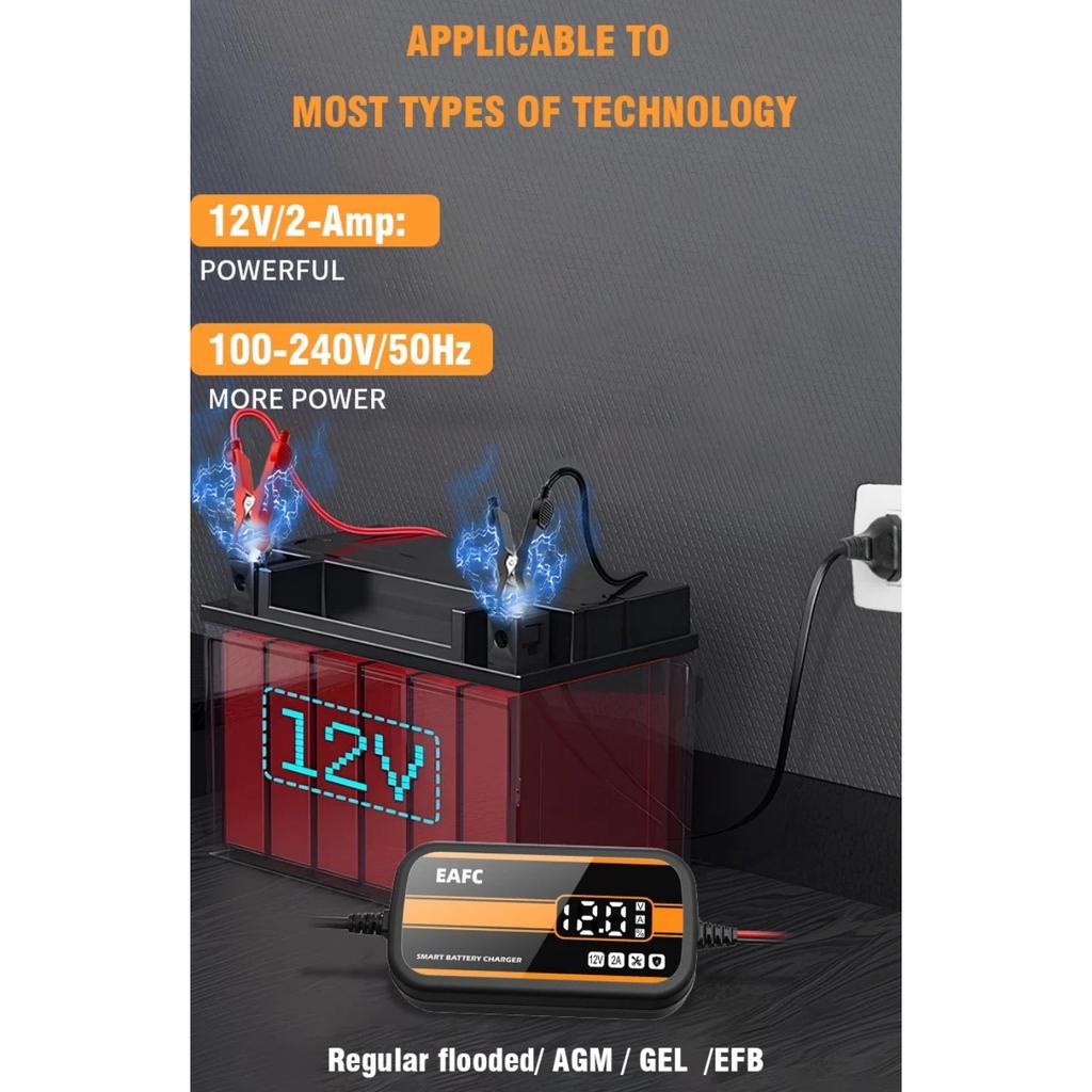 Chargeur de Batterie de Voiture 12V 2A Portable avec Affichage Numérique Charge Rapide Accessoires de Voiture Outil de Réparation d'Impulsion pour Moto Camion Auto
