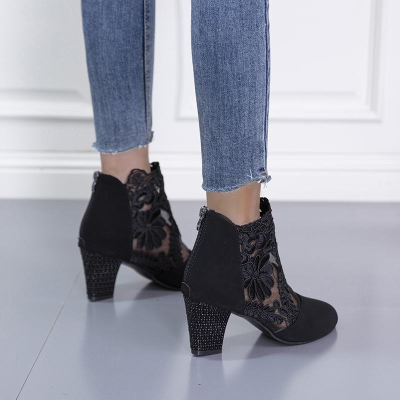 Móda Ženy Vysoké Podpatky Krajka Květina Pásek Kolem Kotníku Vykrojené Sandály Kulatá Špička Zipové Lodičky Zapatos De Mujer