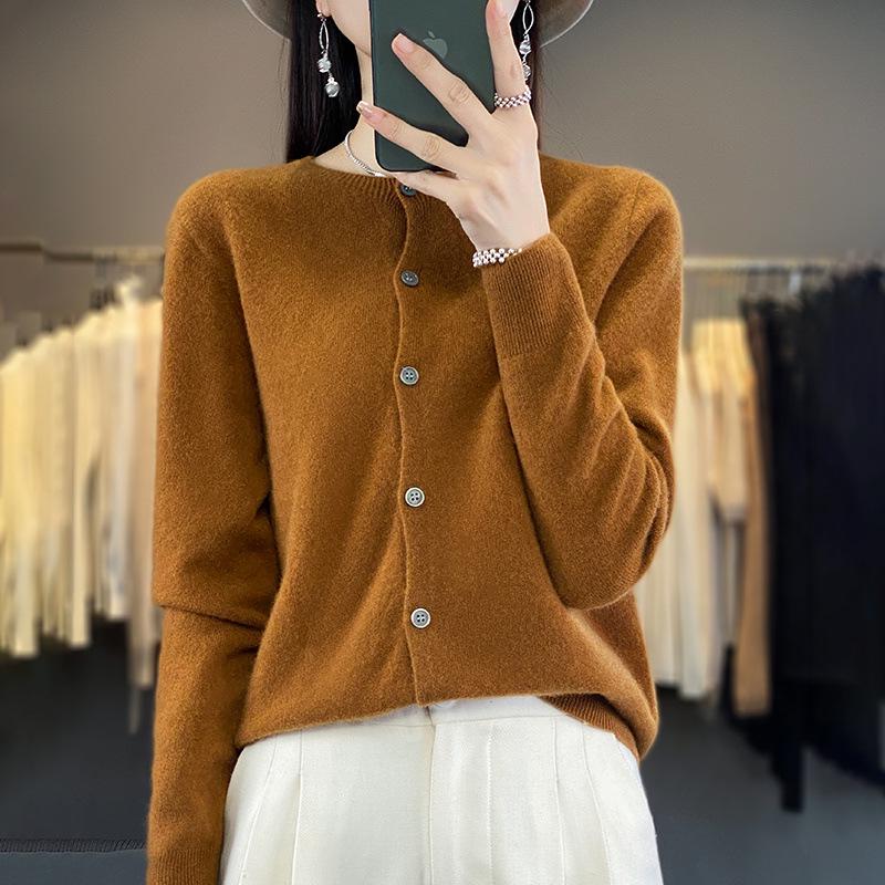 Women's Wool Cardigan: Autumn/Winter Round Neck Long Sleeve Knit Sweater, Slimming & Loose Fit