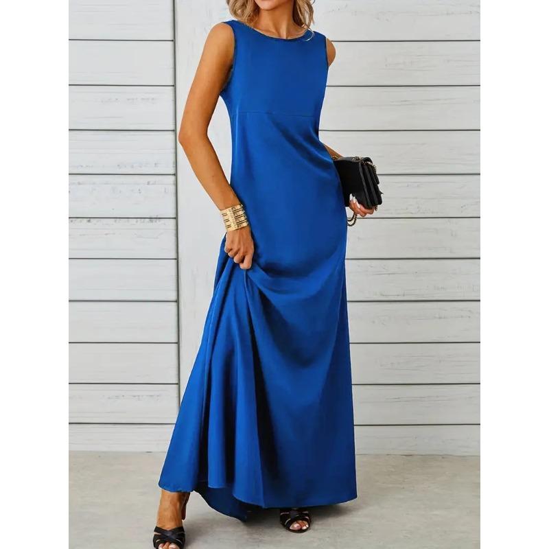 Spring and Summer Elegant and Pure-colored Round-neck Short-sleeved Resort-style Women's Dresses