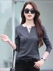 Korean Style Slim Fit V-neck Color Block Patchwork Long Sleeve T-shirt - Cotton Base Layer