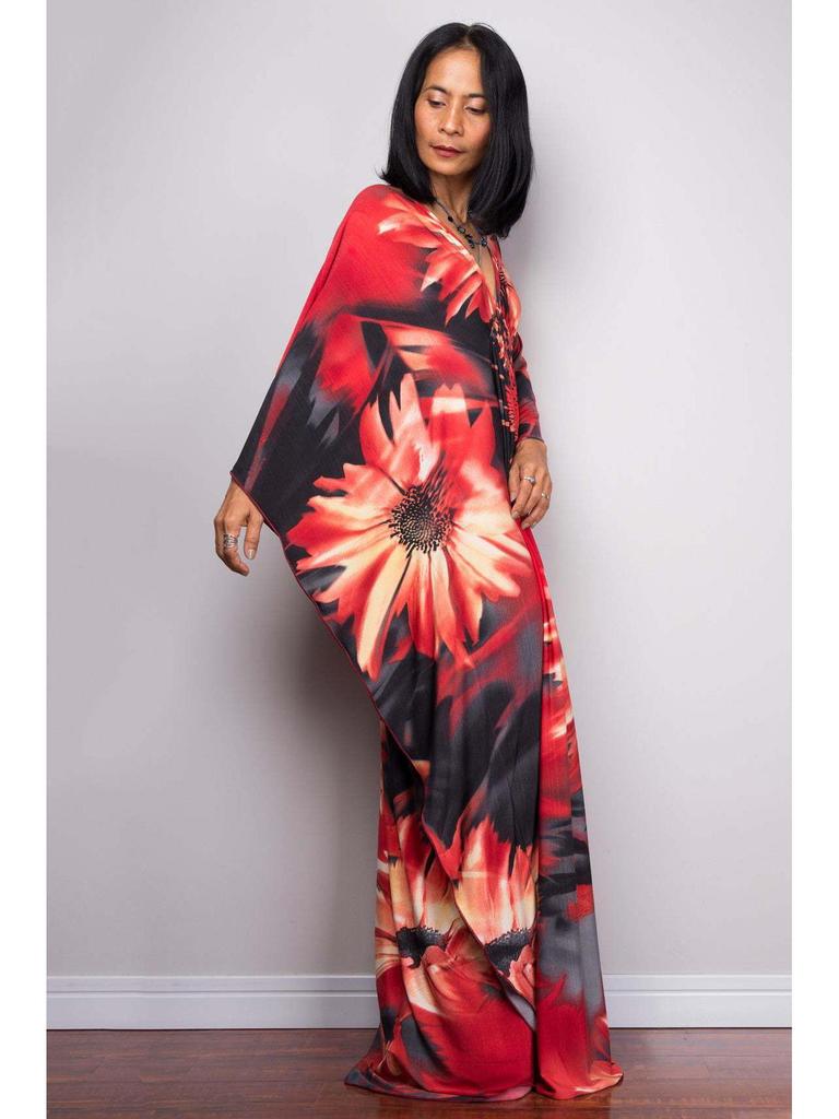 Handgemachter schwarzer & roter floraler langer Strand-Überwurf-Kimono für Damen