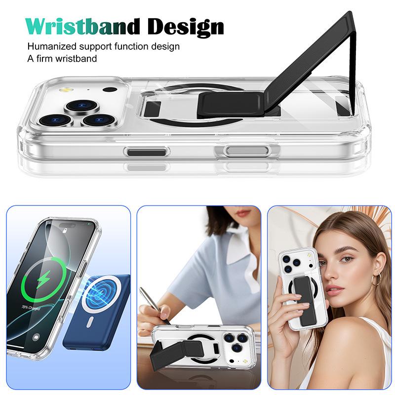 iPhone 17 Pro Max Case with Folding Stand, Crystal Wristband, Magnetic, Transparent, and Drop-Proof.