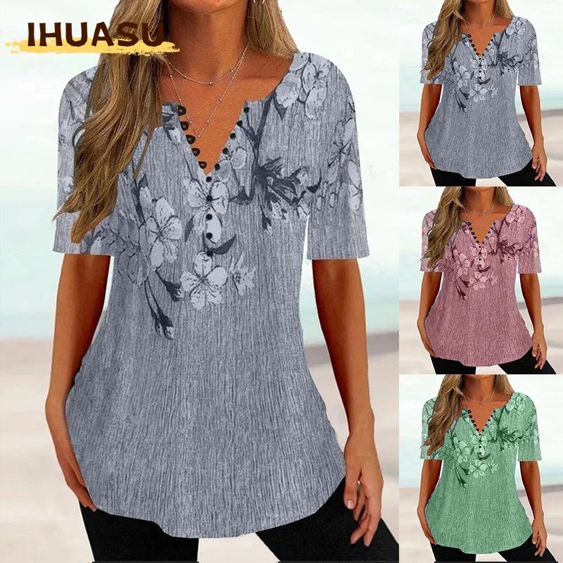 IHUASU Moda Donna Casual Manica Corta Scollo a V Bluse e Camicie