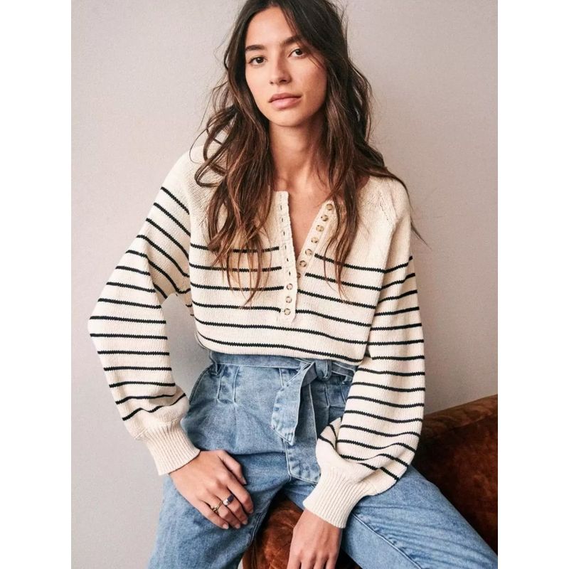 Classic Stripes Henry Collar Knitwear Scandinavian Stylish Retro Button Long Sleeves Loose and Idle Pullover Sweater