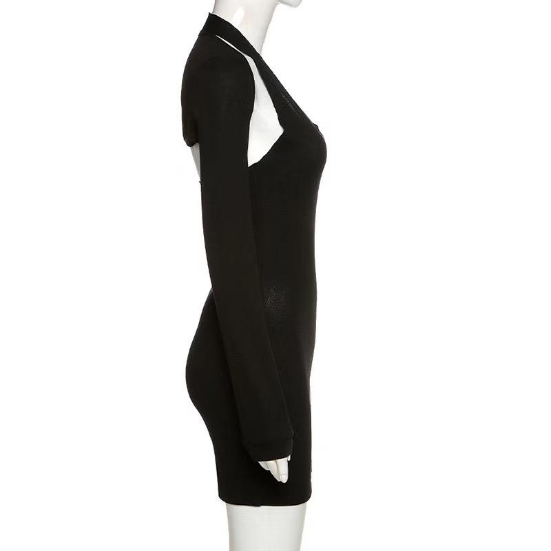 Women's Fashion Temperament Solid Color Dress U-neck Low-cut Long-sleeved Halterneck Slim Short Dress