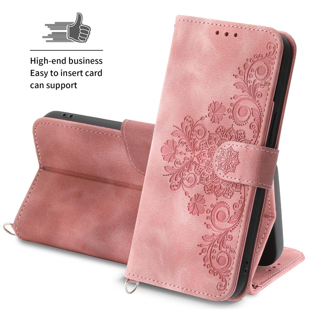 Skin-touch Leather Phone Case for Motorola Moto G Play (2023) 4G Imprinted Flower Wallet Stand Cover with Strap