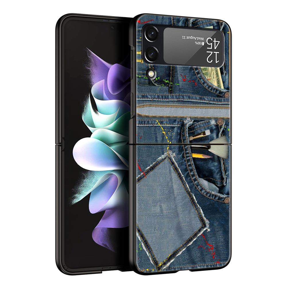 Leather Cloth Pattern Hard PC Phone Case For Samsung Galaxy Z Flip 7 6 5 4 Black Cover For Galaxy Z Flip 3 Foldable Fundas Shell