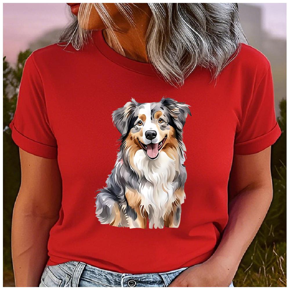 Unisex 100% Polyester Summer Top Watercolor Hand-drawn Shepherd Dog Print Loose Round Neck Short Sleeve Fashion for Lovers