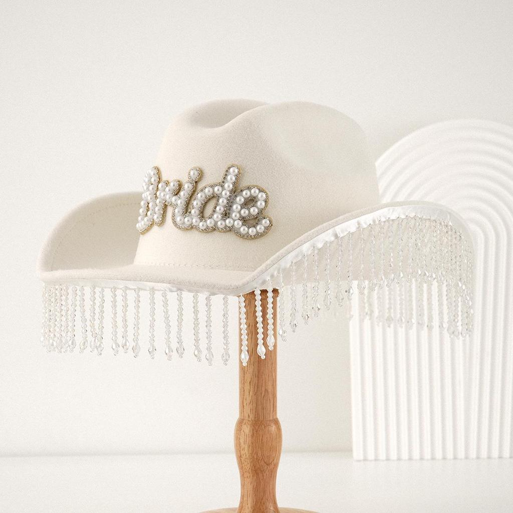 Women's Crystal Tassel Denim Bridal Hat with Pearls and Diamonds
