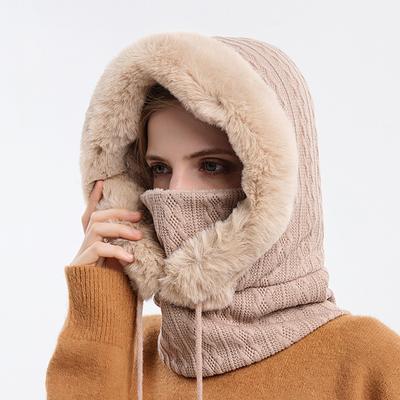 Women Beanie Hat Winter Balaclava Knitted Cap Hooded Face Mask Fluff Keep Warm Neck Scarf Hooded Hat Balaclava Mask Bonnet Cap