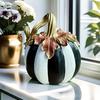 Halloween Pumpkin Decor Black And White Striped Ornament, Retro Style Resin Sturdy Indoor Desktop Decoration Tabletop Centerpiece, Ornament