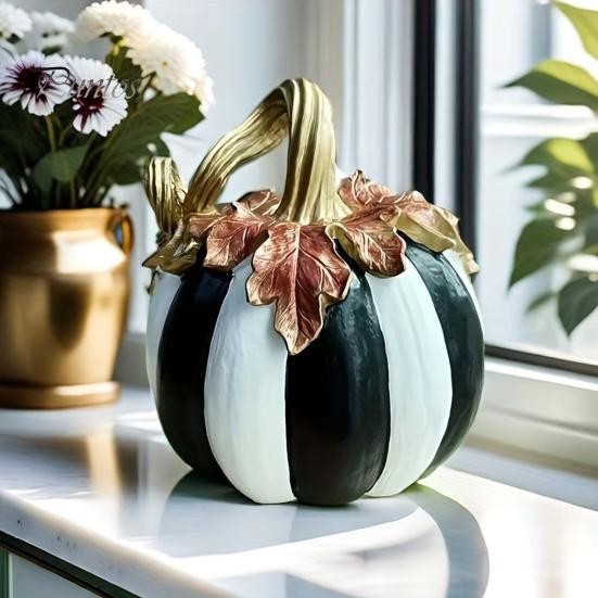 Halloween Pumpkin Decor Black And White Striped Ornament, Retro Style Resin Sturdy Indoor Desktop Decoration Tabletop Centerpiece, Ornament