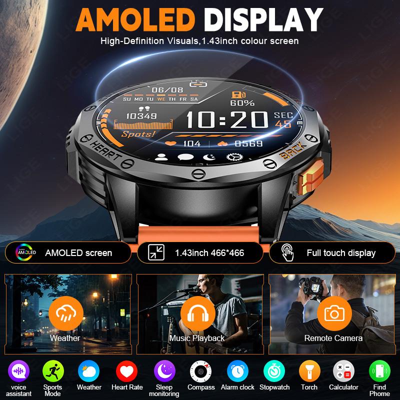 Outdoor GPS Smartwatch Herren Taschenlampe 1,43'' AMOLED Bildschirm Sportuhr 530mAh Großer Akku Kompass Höhenmesser Smartwatch