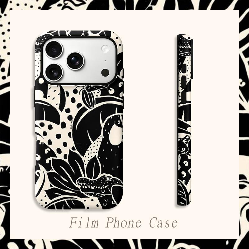 Artistic Graphic Black White Botanic Leaves Hidden Cat Pattern Line Film Aesthetic Protective Shockproof Bumper Cover For iPhone 14 15 16 Pro Max Plus