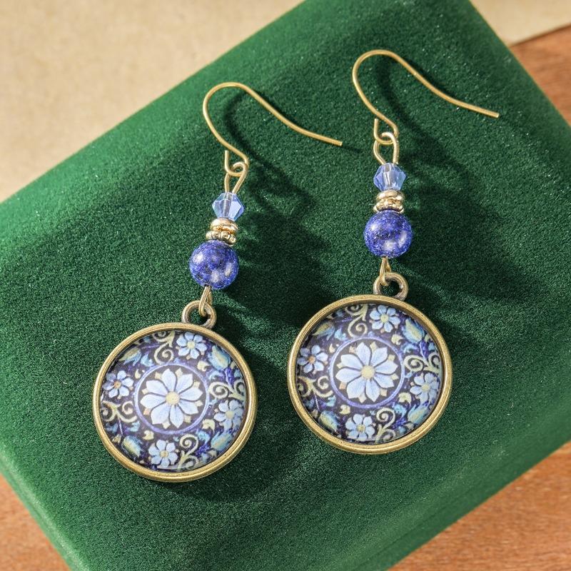 Böhmischer Ethnischer Stil Blumenmuster Runde Platte Damenohrringe Vintage Schmuck Feiertagsjubiläum Geschenk Zubehör