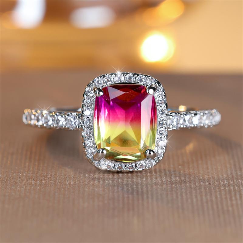 

Модное серебристое кольцо прямоугольной огранки с розовым, красным и желтым камнем, роскошное обручальное кольцо с любовью, свадебные украшения 11 розы красного/жёлтый