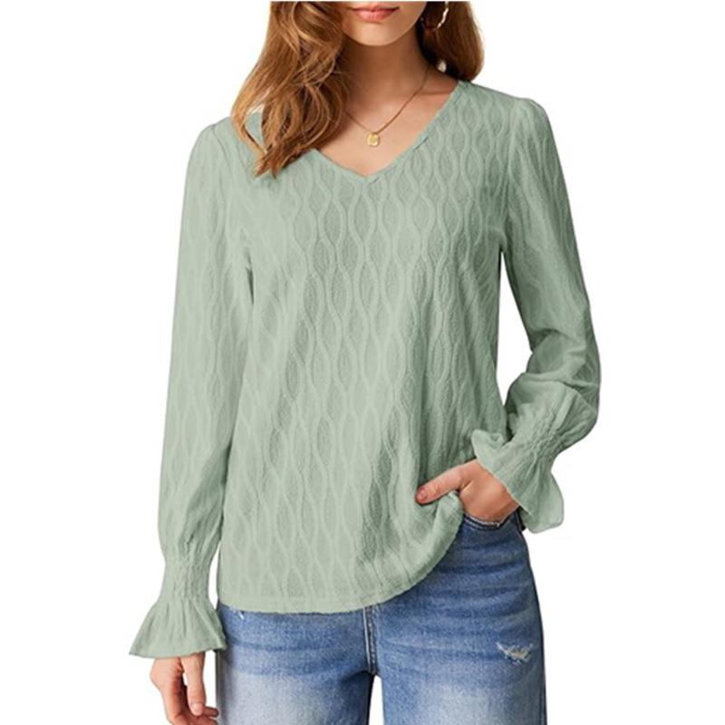 Women's Autumn and Winter New Fashion Solid Colour V-Neck Long Sleeve Range T-Shirt Top