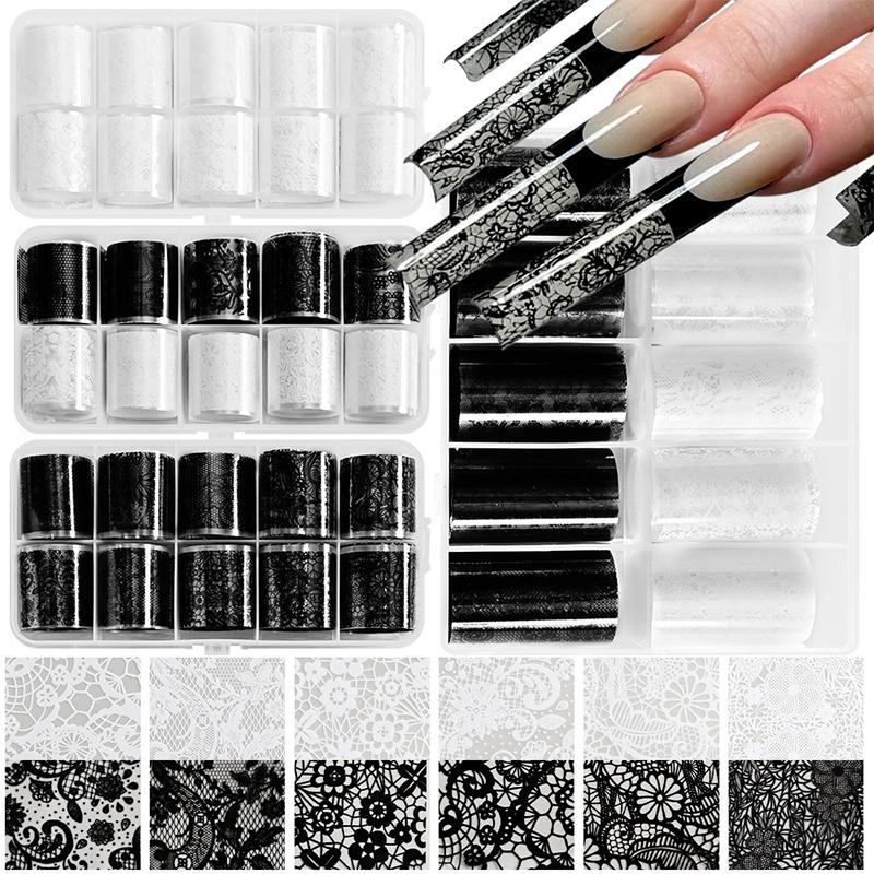 10 Rolls Nail Transfer Foils Sticker Black White Red Lace Flowers Nail Art Nail Charms Diy Nail Decoration Manicure Accessories