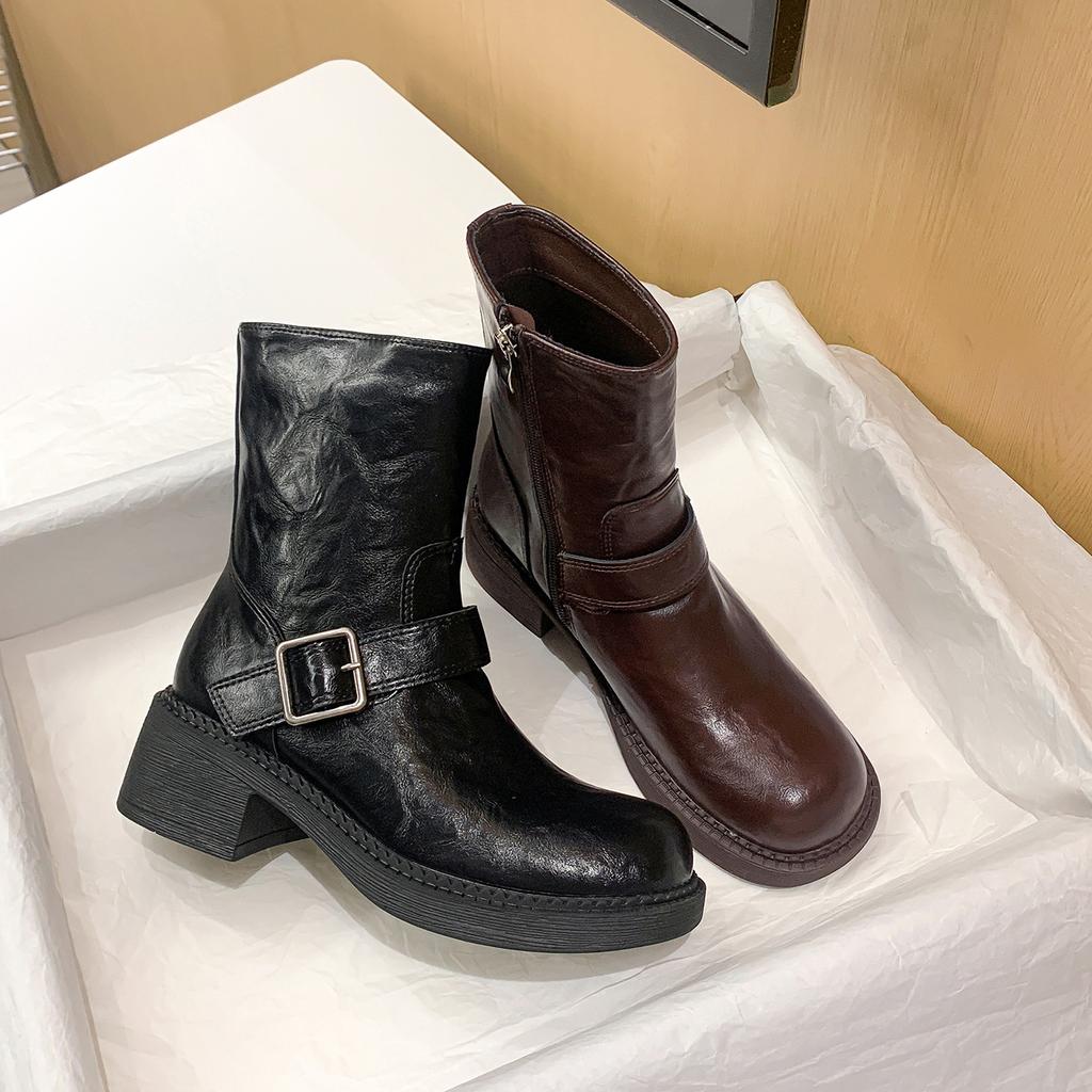Maillard brown leather Martin boots women's autumn and winter new British style retro versatile thick heel short boots children