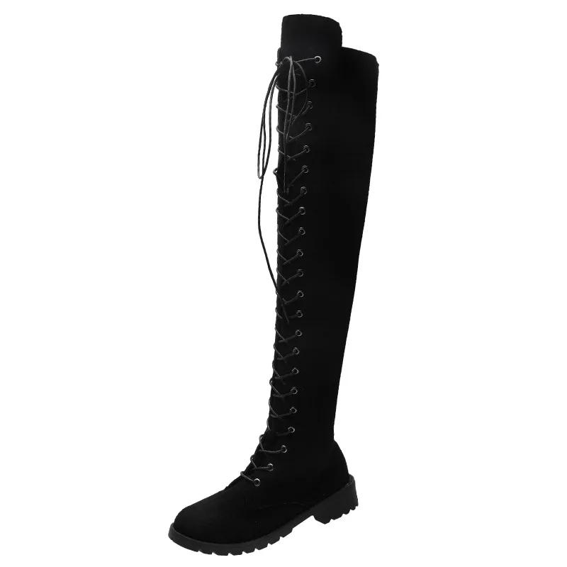 Fashion Casual Women's Boots Low Heels Flock Winter Over Knee Boots for Woman 2025 Lace Up Fashion Female Thigh High Boots2025