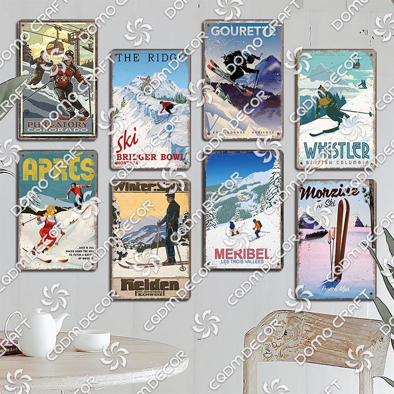 Ski Poster Metall Blechschilder Skipiste Schlitten Winter Skifahren Sport Metallplatte Vintage Wanddeko Geschäft Ski Club Wohnzimmer Zuhause