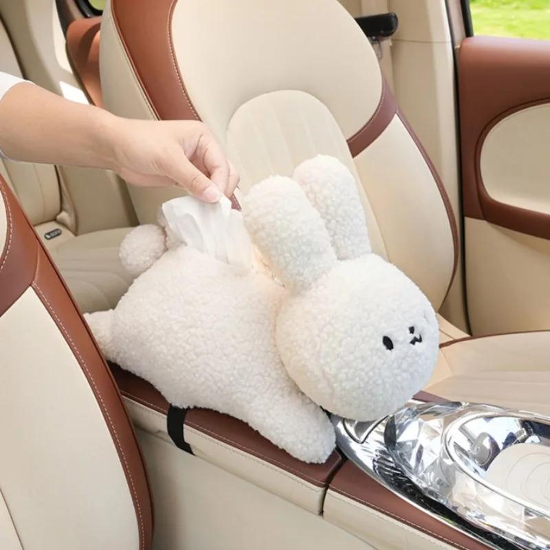 Plush Rabbit Tissue Box for Car Accessories Cartoon Car Tissue Holder Bedroom Living Room Desktop Tissue Organizer