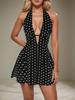 Women Halter Neck Polka Dot Print Hollow Out Front Slit Bodycon Mini Dress Sexy Club Party Sundress
