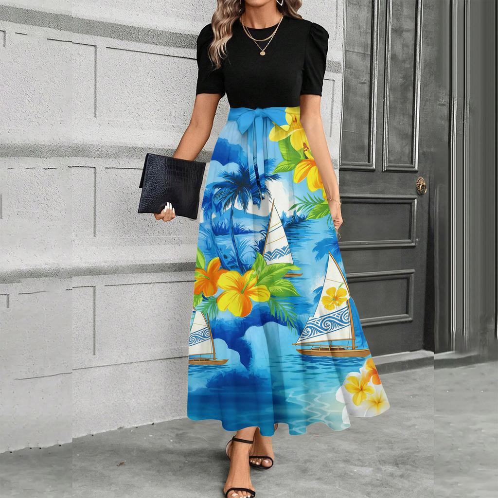 Short Sleeve Women's Dress Casual Flowy A-Line Midi Tshirt Dresses With Pockets Crewneck Vocation Boho Beach Sundress