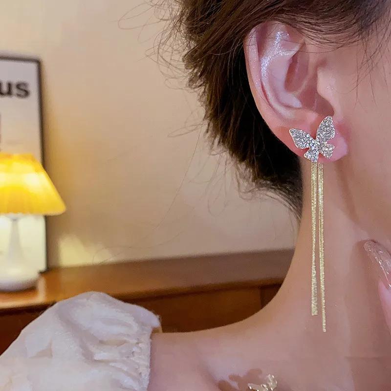 Elegant Zircon-studded Butterfly Golden Tassel Earrings For Women Personalized Daily Accessories Party Jewelry Birthday Gifts
