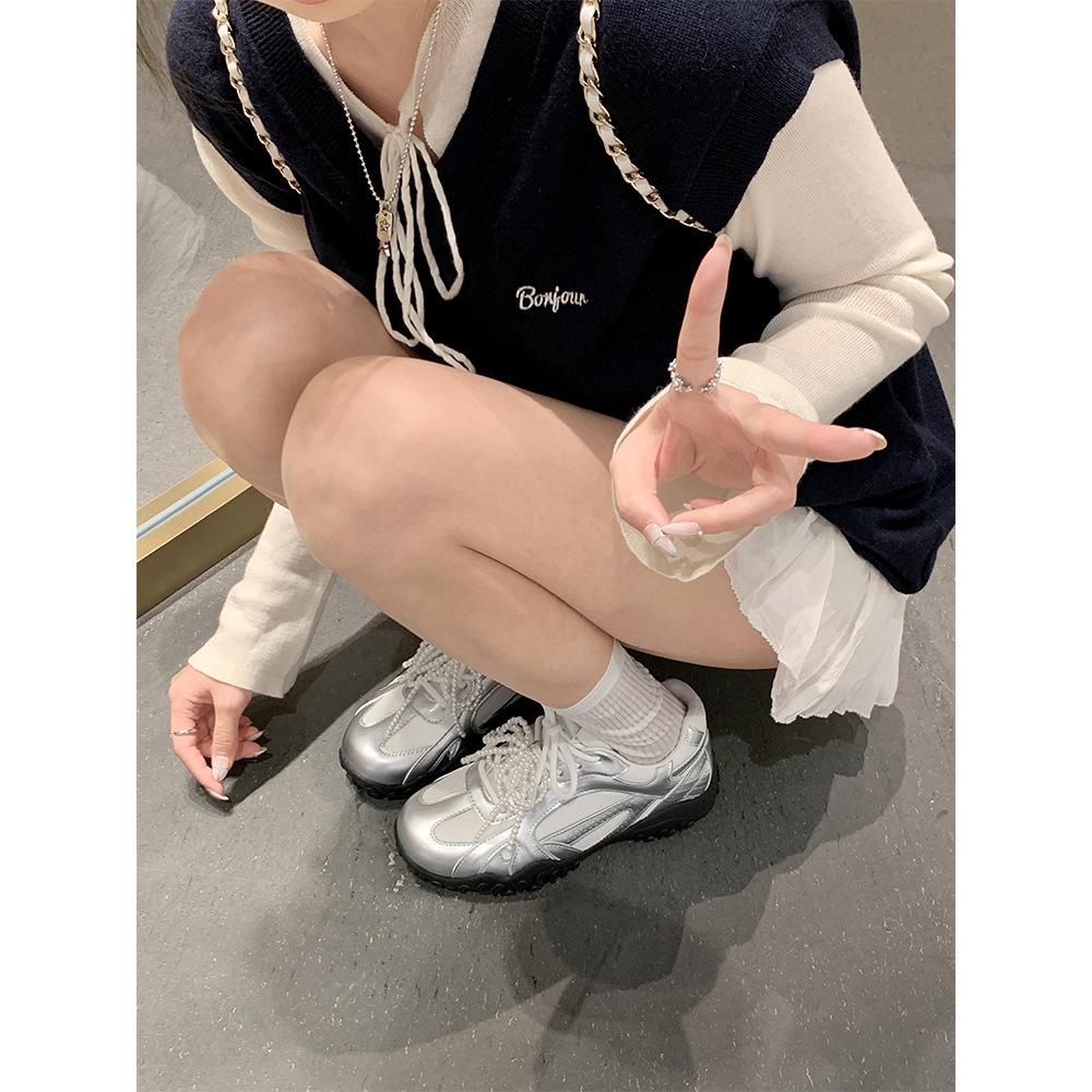 Cowhide Version of Grape Mother Original Crescent Sole Lace Pearl Belt Casual Sports Shoes Platform Forrest Gump Shoes Women's Training Shoes