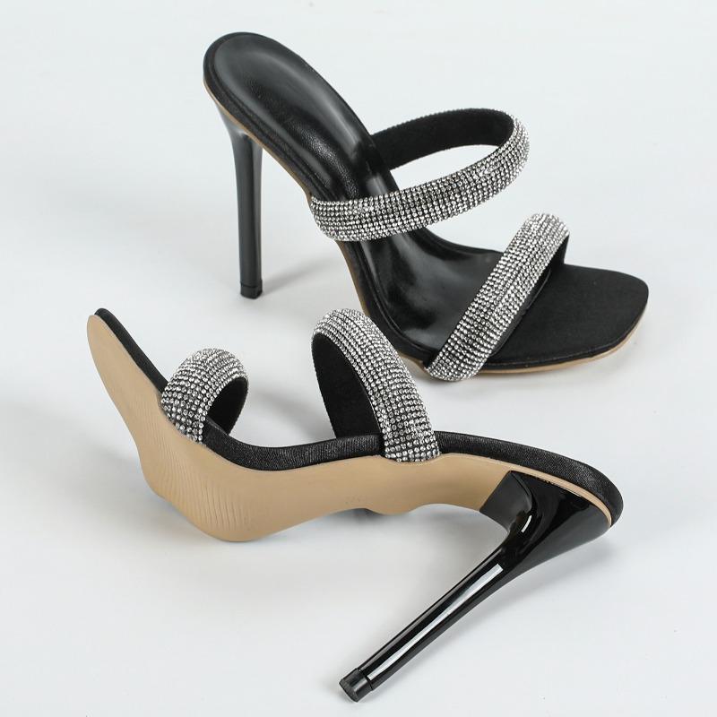 Fashion Summer Fashion Crystal Rhinestone Women Slippers Sandals Outdoors Street Sexy Square Toe High Heels Stripper Shoes Zapatos Mujer
