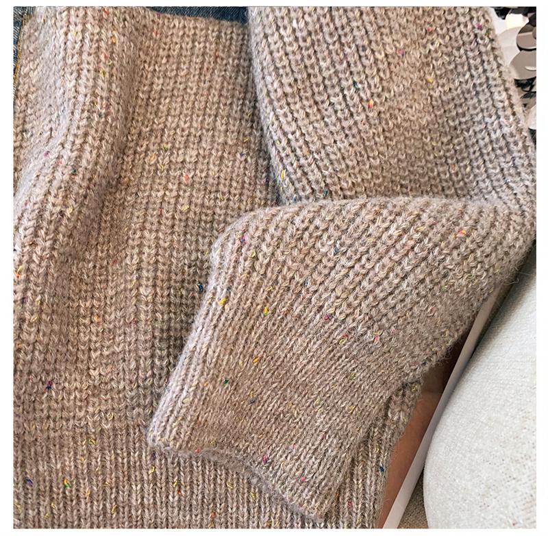 Cardigan Coat Supradimensionat Gros de Damă, Tricotat Vintage cu Patchwork din Denim, pentru Toamnă și Iarnă