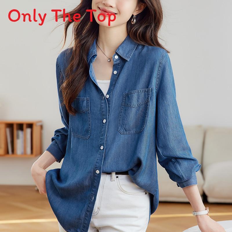 Camicia in Tencel Blu Denim da Donna a Manica Lunga Casual da Ufficio con Tecnologia Antipiega