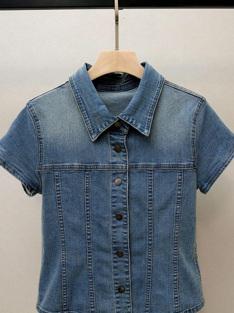 High-End Damen Herbst Französischer Chic Umlegekragen Schlankmachendes Denim-Oberteil